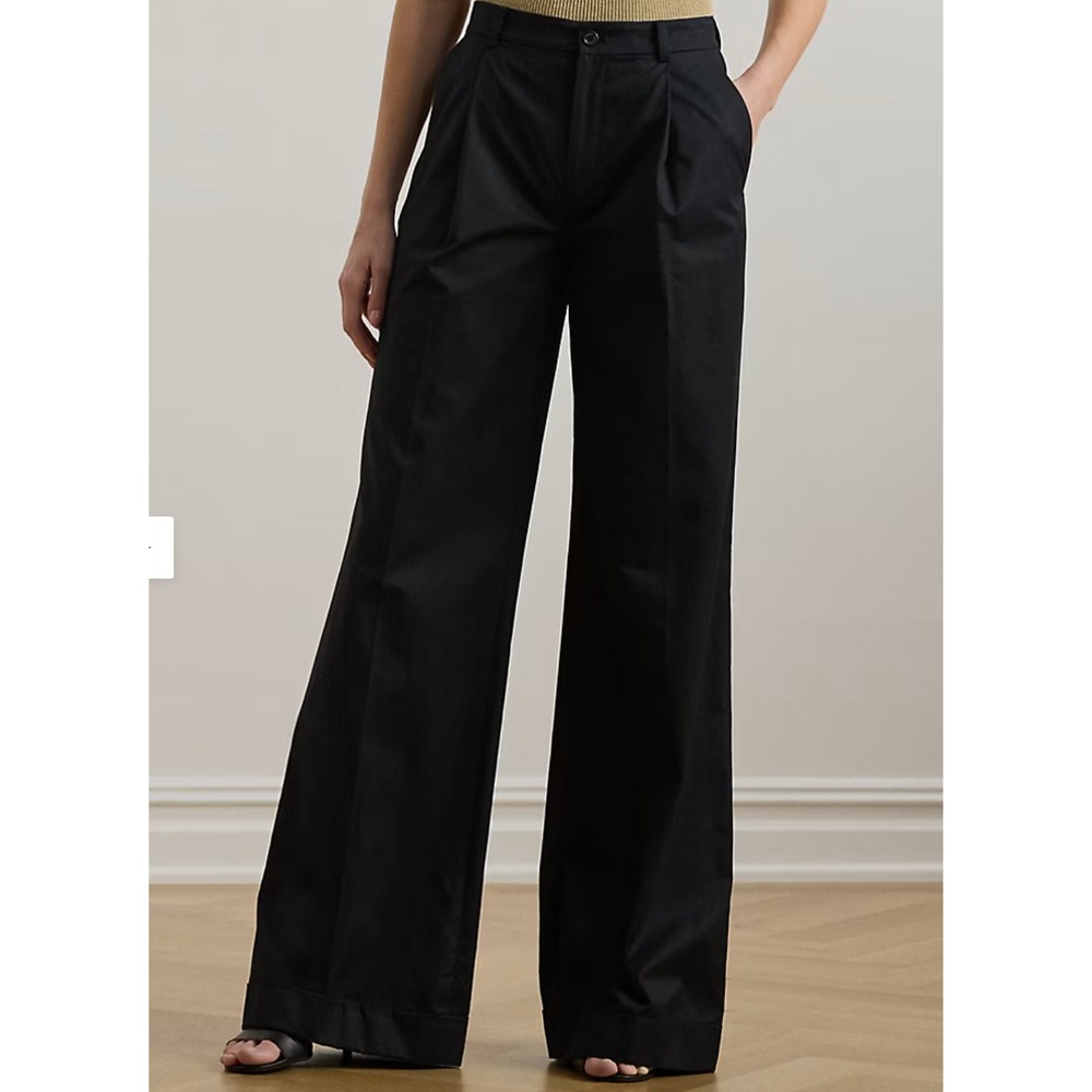 Ralph Lauren Makanie Black Wide Leg Pleated Cotton Trousers Pants Size 12 NEW